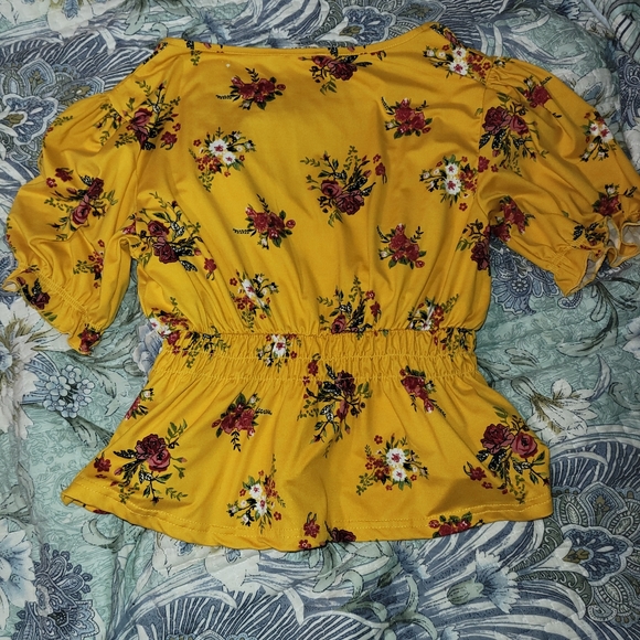 Mustard Yellow with red and white flowers - Picture 2 of 2